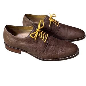 Cole Haan Williams Brown Pebble Leather Oxford Derby Shoes Yellow Laces, Size 10